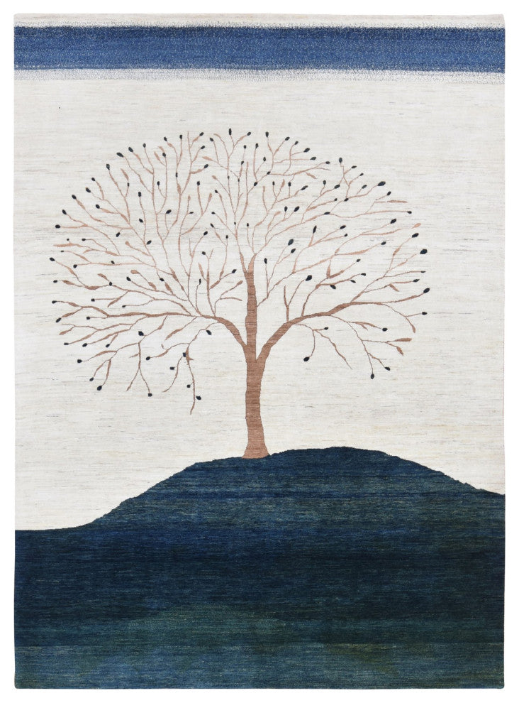 Ivory, Hand Knotted, Modern Folk Art Tree Design Gabbeh, Wool, Rug, 9'8"x13'8"