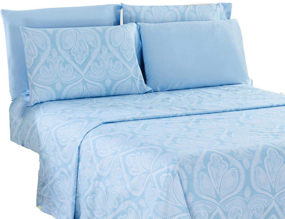 6 Piece: Luxury Paisley Printed Bed Sheet set, Twin 4 Piece, Blue, Full