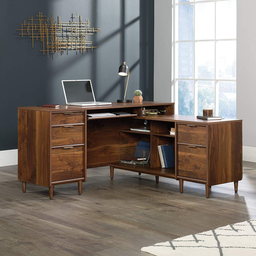 Unique L-Shaped Desk, Open Shelves and Multiple Storage Drawers, Grand Walnut