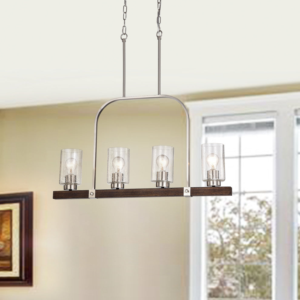 4-Light Brushed Nickel and Wood Linear Chandelier With Seedy Glass Sconce