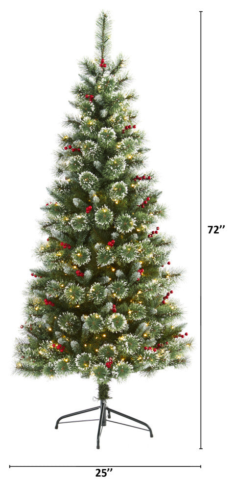 6' Frosted Swiss Pine Faux Christmas Tree With 300 Clear LED Lights and Berries