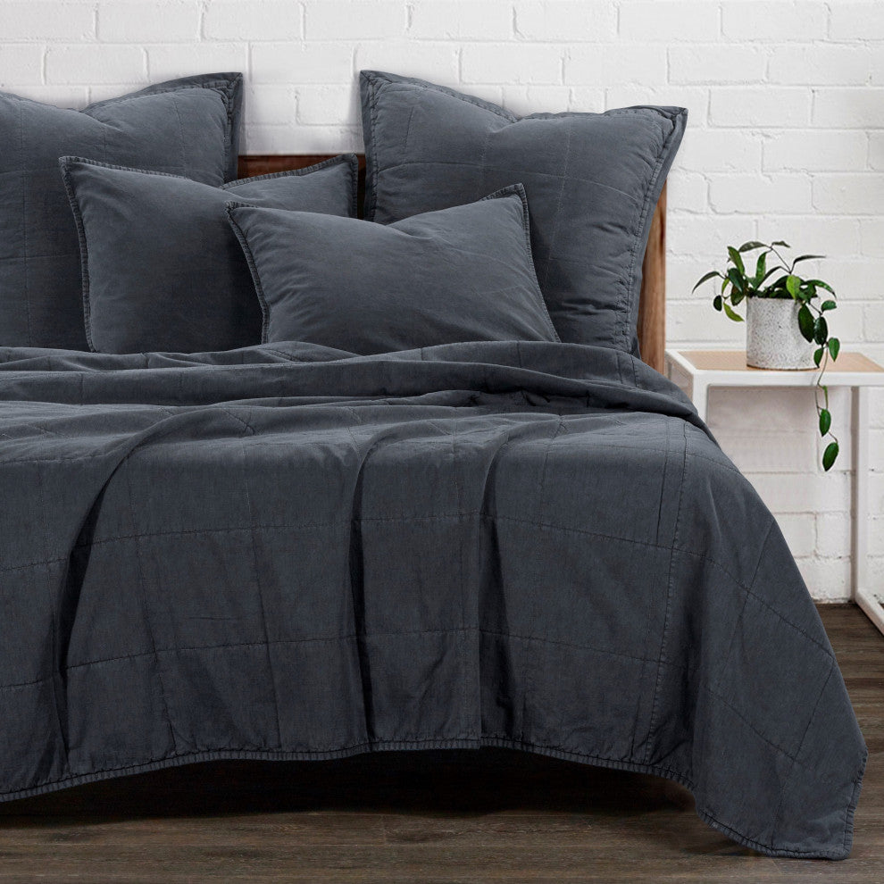 Stonewashed Cotton Canvas Coverlet Set, 3 Piece, Charcoal, King