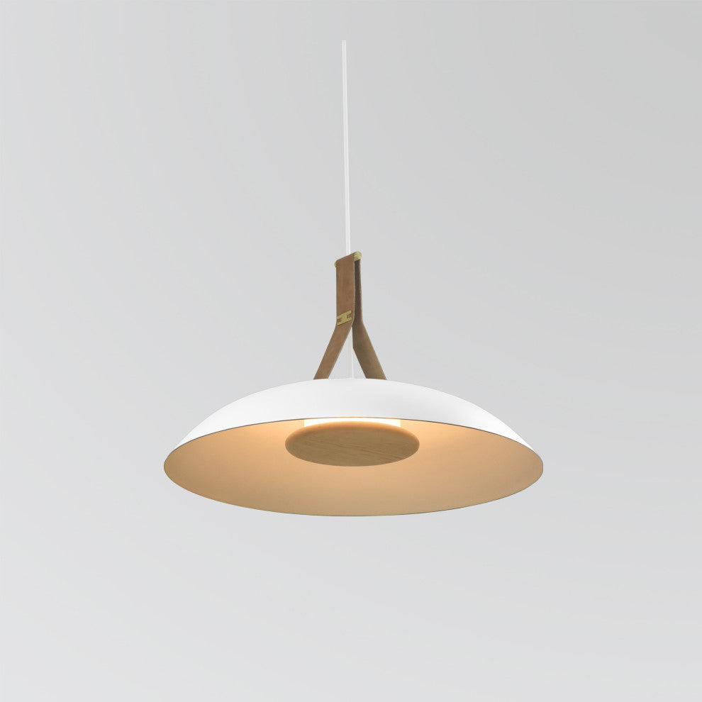Volo LED Pendant, Blanc, White/Brushed Brass/Tan Leather/White Washed Oak, 2700K