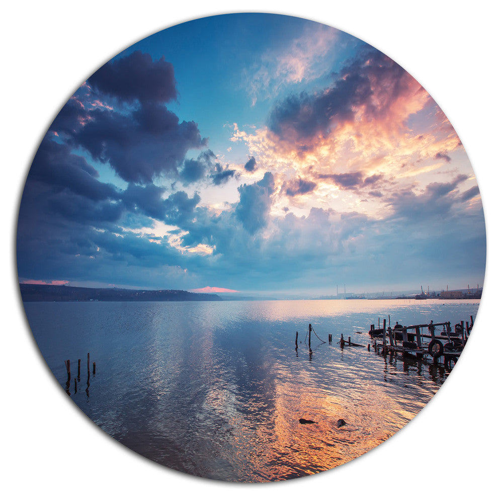 Dramatic Sky Over Sunset Lake, Landscape Disc Metal Wall Art, 23"