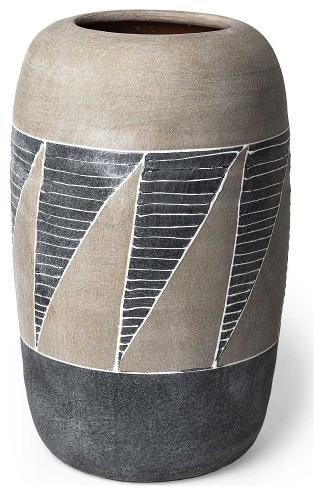 15" Brown And Gray Geometric Tribal Ceramic Table Vase