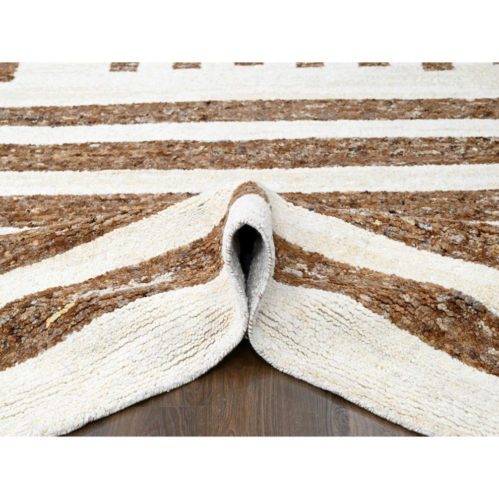 Brown Wool Minimalist Stripe Design Hand Knotted Oversized Rug 12'2"x14'10"