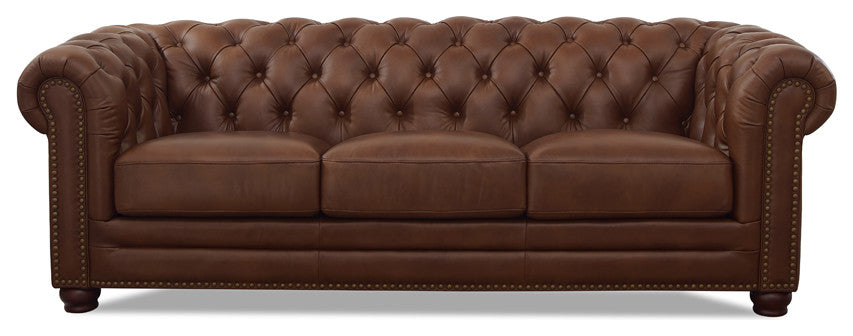 Hydeline Aliso 100% Leather Chesterfield Sofa Set, Pecan Brown, Sofa