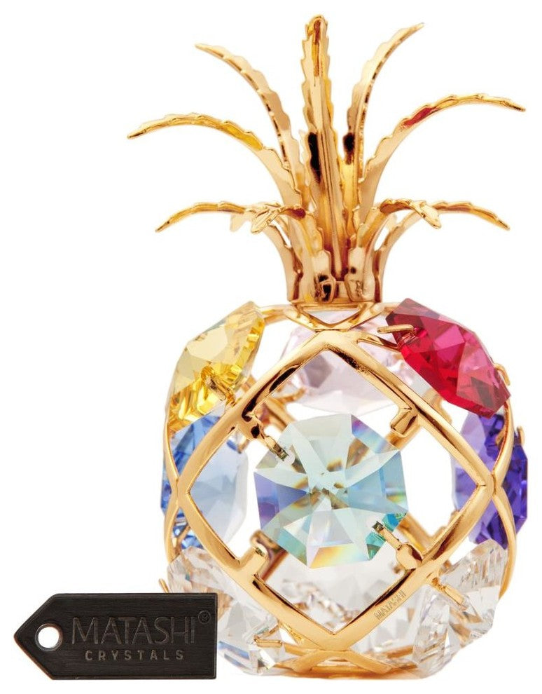 24K Gold Plated Mini Pineapple Ornament With Colored Crystals