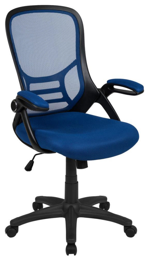 High Back Mesh Swivel Office Chair With Flip-up Arms, Blue