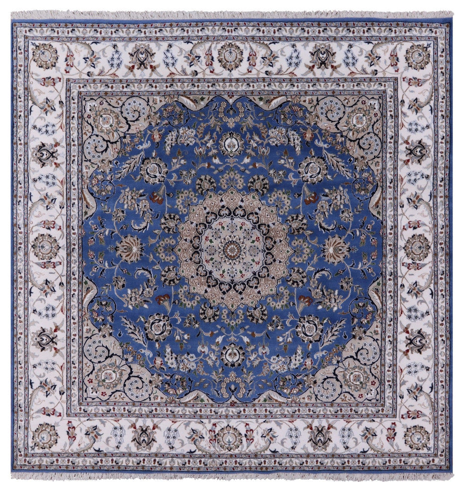 8' Square Persian Nain Wool & Silk Handmade Rug - Q13155