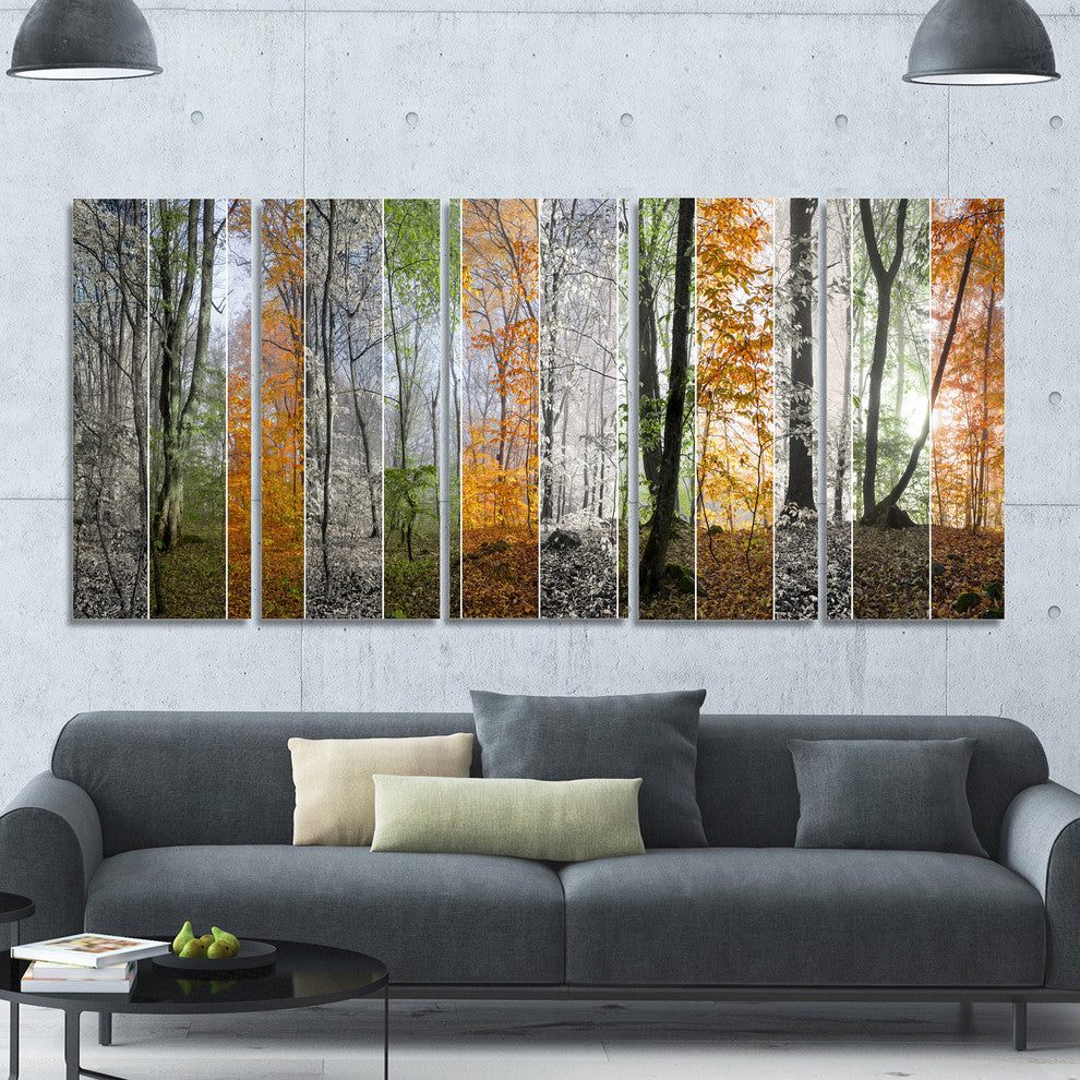 Wood Panorama Changing Seasons, Landscape Canvas Art Print, 60"x28", 5 Panels