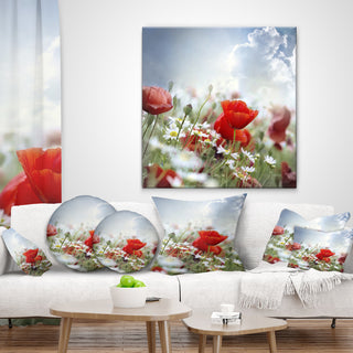 Red Poppies On Cloudy Background Floral Throw Pillow, 16"x16"