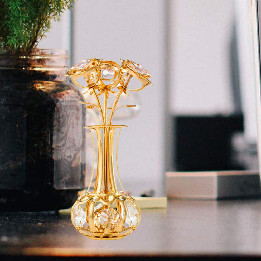 24k Gold Plated Flowers Bouquet and Vase With Pink-Clear Crystals Home Decor
