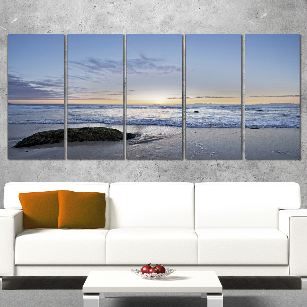 Beautiful Rocky Seashore in Blue, Large Seashore Canvas Print, 60"x28", 5 Panels