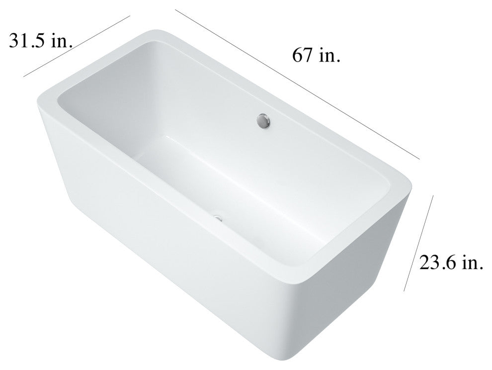 67 in. Acrylic Rectangular Flatbottom Freestanding Soaking Bathtub in White