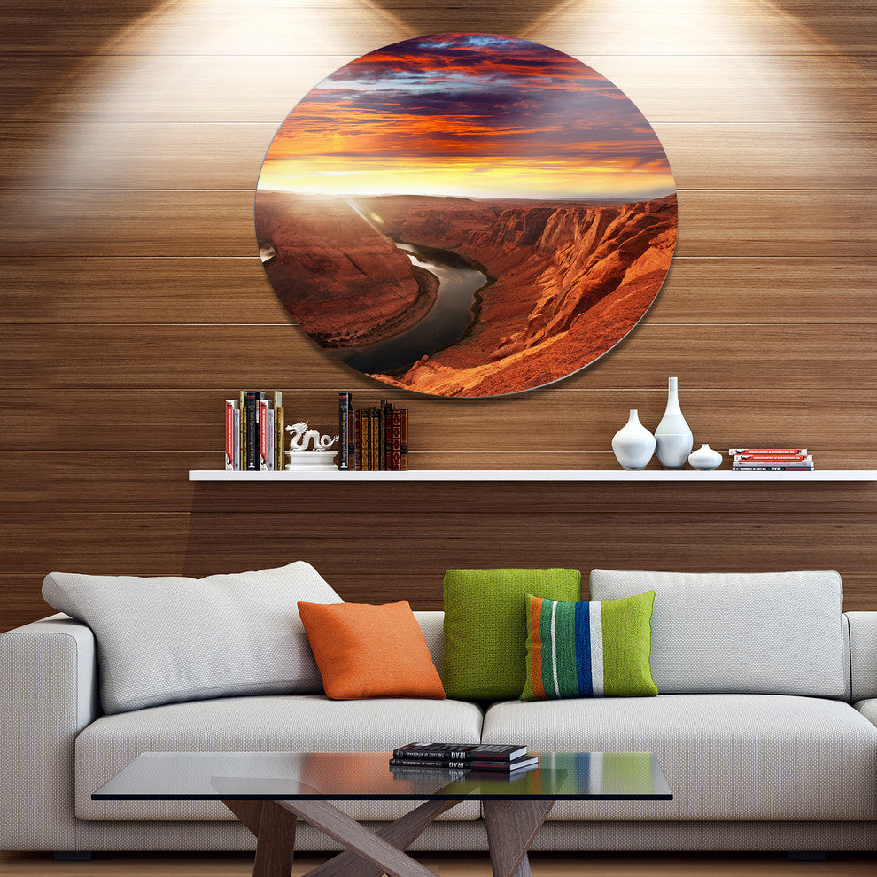 Horse Shoe Bend Under Sunset Sky, Landscape Round Wall Art, 11"