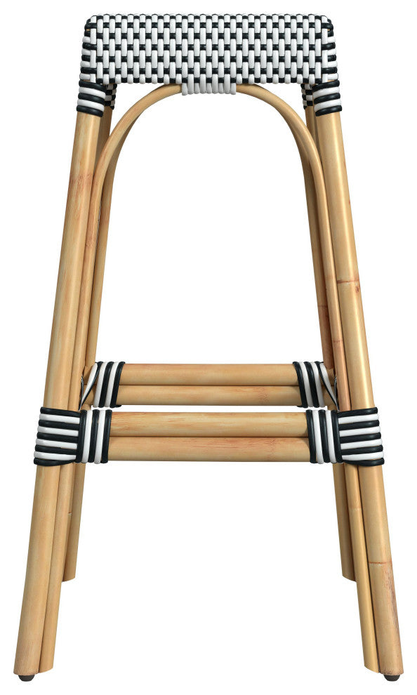 Tobias 30" Rectangular Rattan Barstool, Black and White