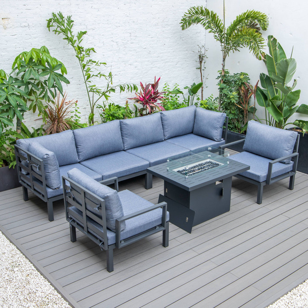LeisureMod Hamilton 7-Piece Patio Sectional Set With Fire Pit Table, Blue