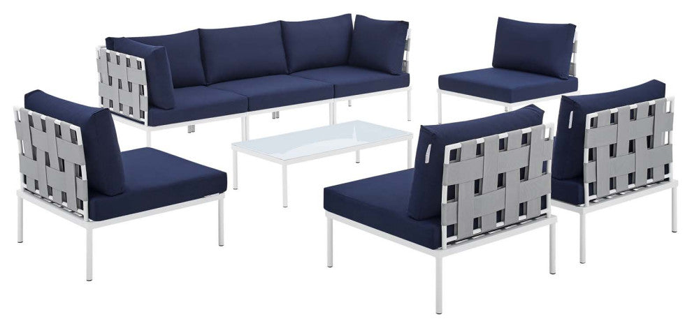 Harmony 8-Piece Sunbrella Outdoor Patio All Mesh Sectional Sofa Set, Gray Navy