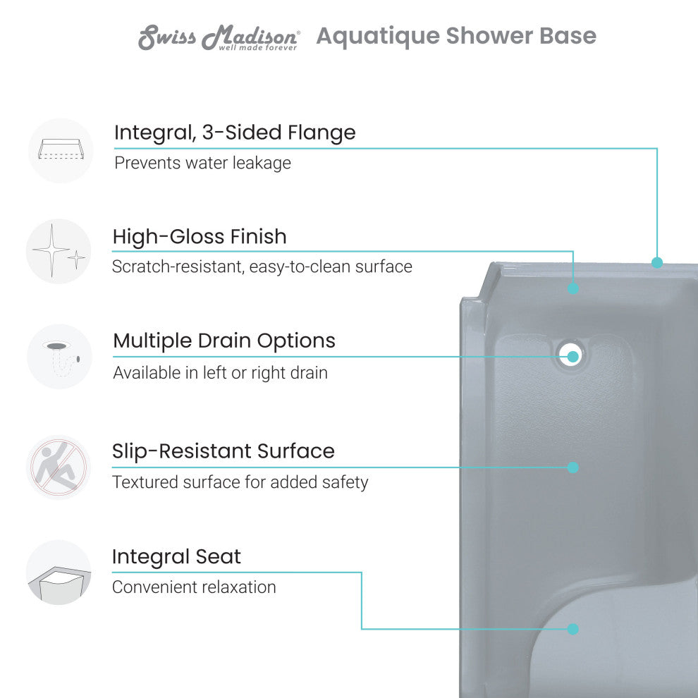 Aquatique 60"x32" Shower Base With Left Hand Drain, Gray