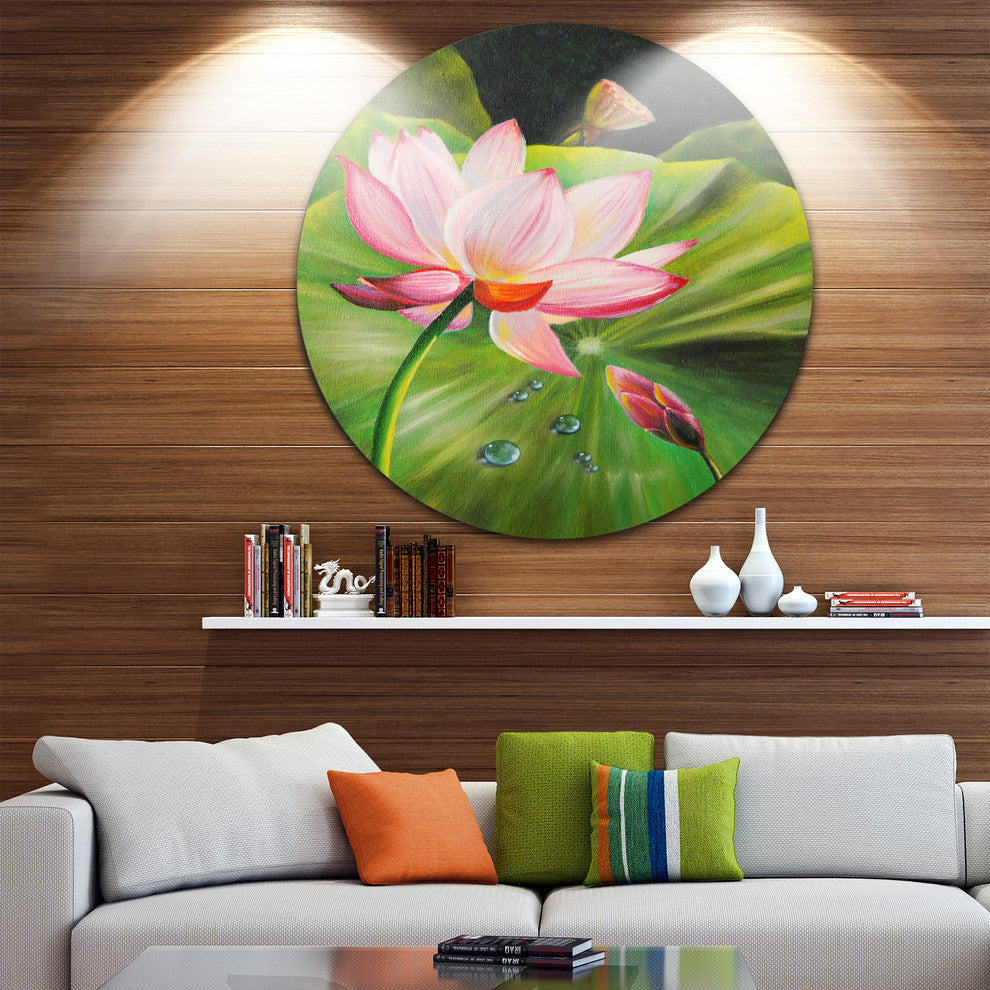 Lotus And Water Drops, Floral Painting Disc Metal Wall Art, 11"