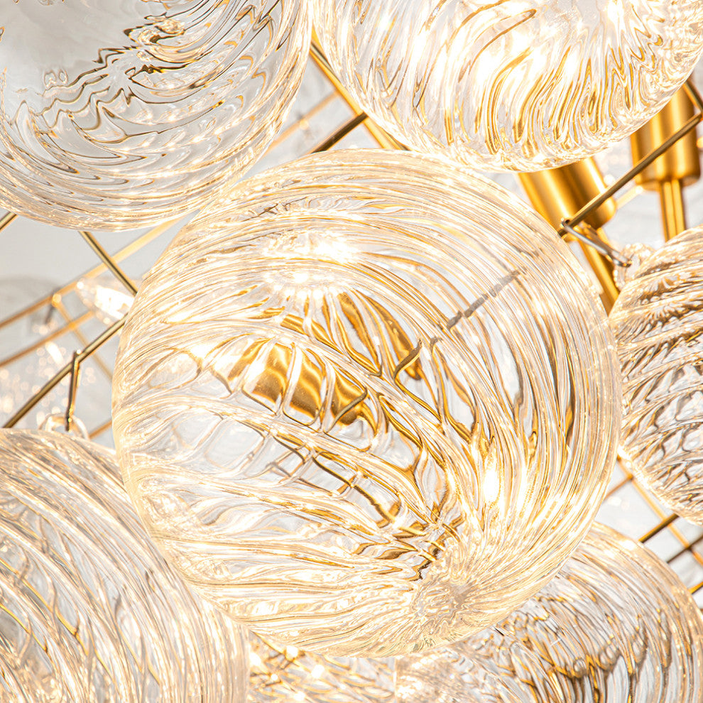 Contemporary Clear Ribbed Bubble Chandelier, Brass, 8 Lights