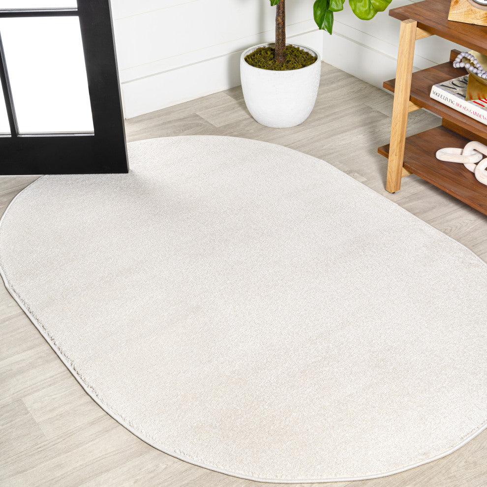 Haze Solid Low-Pile Runner Rug, Cream, 3 X 5 Oval