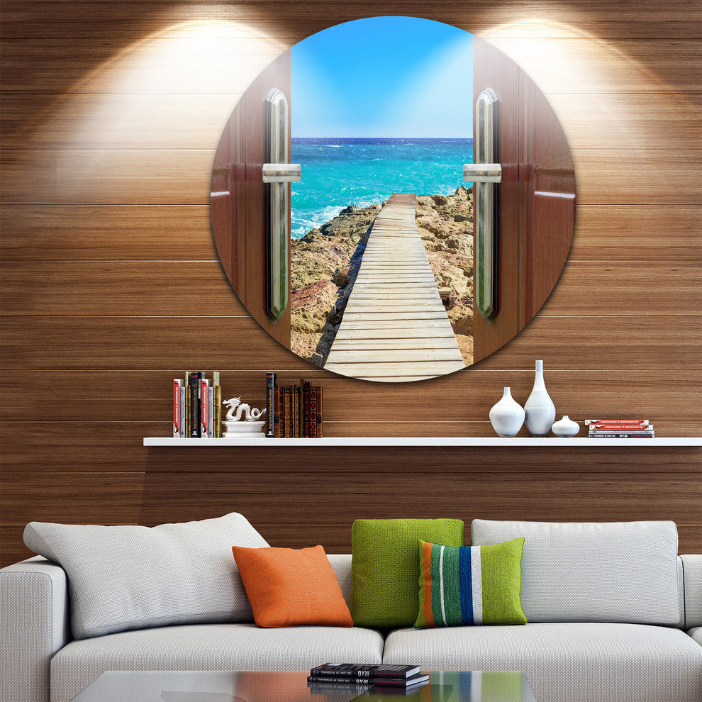 Door Open To Wooden Ocean Pier, Wooden Sea Bridge Round Artwork, 36"