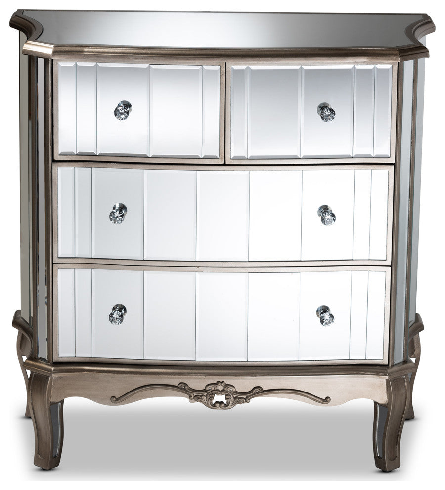 Elgin Brushed Silver Finished Wood and Mirrored Glass 4-Drawer Cabinet