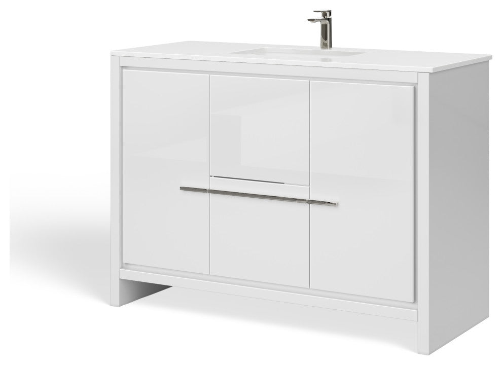 Esconde Bath Vanity, High Gloss White, 48", Single Sink, Freestanding