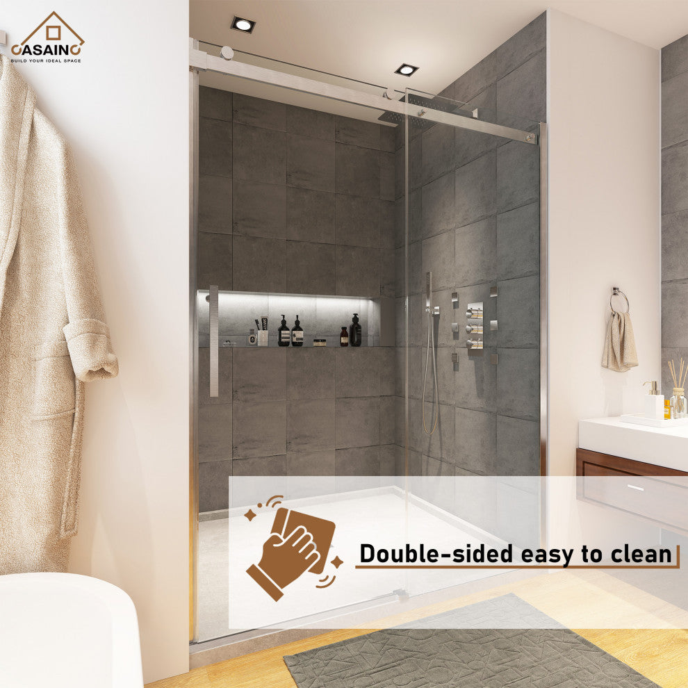 48-in x 76-in Frameless Sliding Shower Door, Brushed Nickel