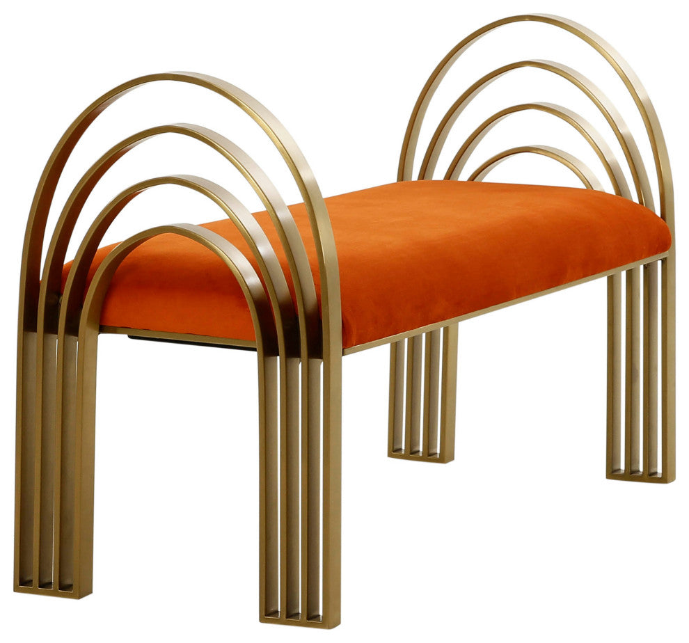 Mavis Velvet Bench, Art Deco Entryway Bench, Glam Luxe Gold Bed Bench, Cinnamon