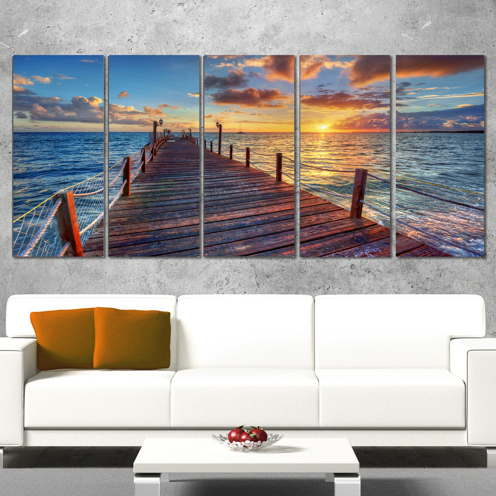 Beautiful Sunset over Sea Pier, Modern Canvas Art Print, 60"x28", 5 Panels