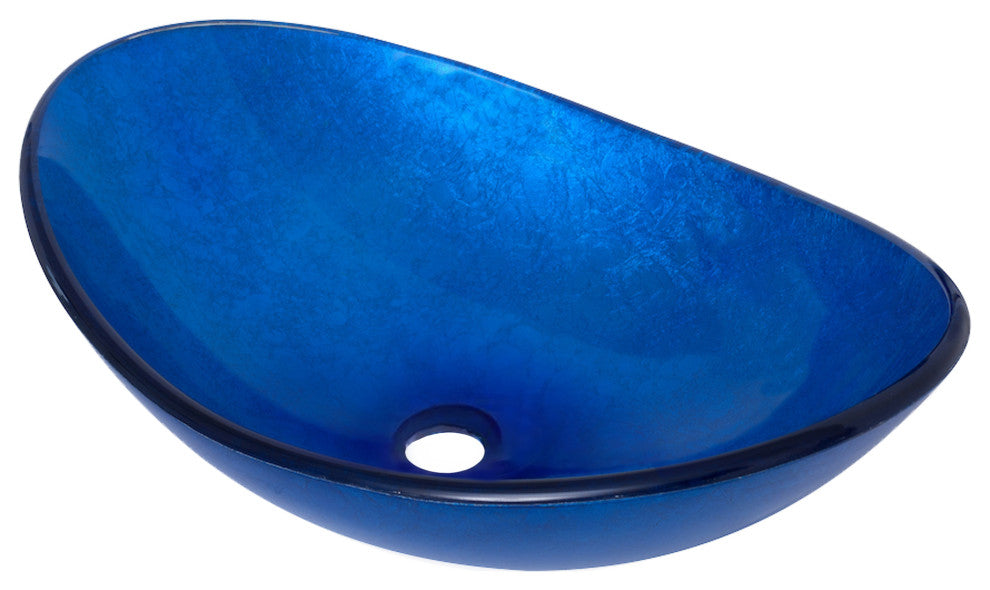 Azzurro Blue Foiled Oval Glass Vessel Bathroom Sink w/ Drain, TIG-S132-8031, Chrome