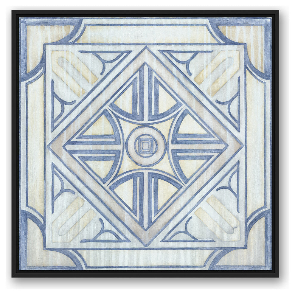 Blue and White Watercolor Tile 30x30 Black Floating Framed Canvas