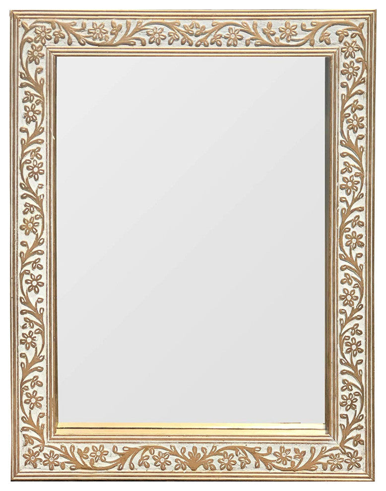 Mango Wood Rectangular Wall Mirror Vintage Carving, Rustic White, Gold Patina
