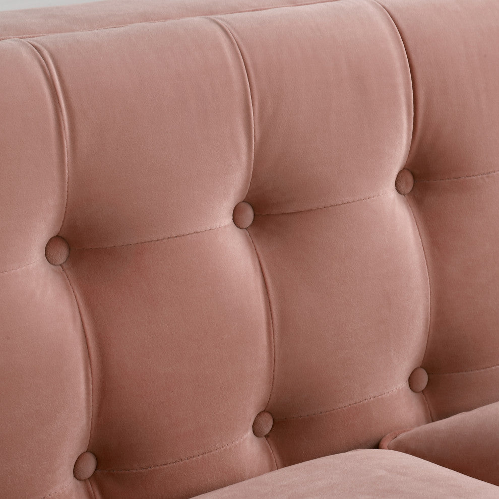 Branwen Velvet Button Tufted Sofa, Square Arms Tapered Leg, Blush