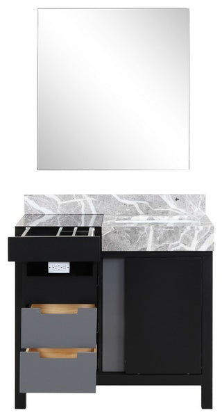 Zilara 36" Black and Grey Vanity, Castle Grey Marble Top, 30" Frameless Mirror