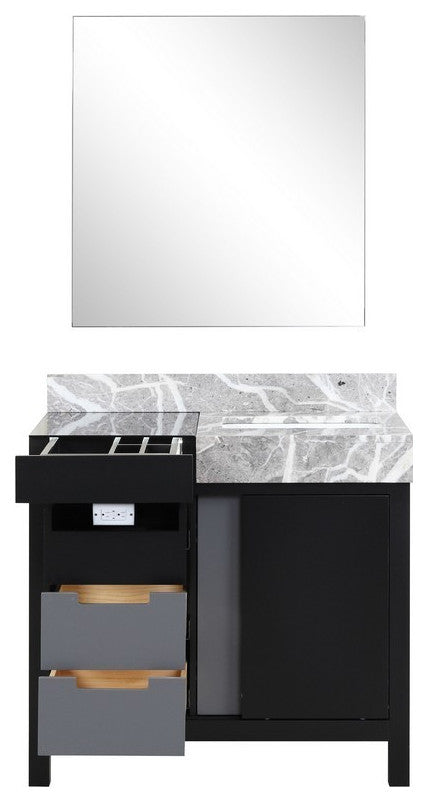 Zilara 36" Black and Grey Vanity, Castle Grey Marble Top, 30" Frameless Mirror