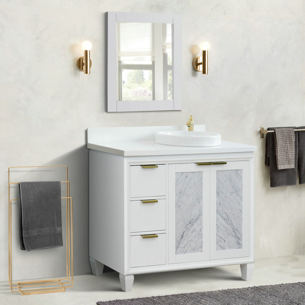 43" Single Vanity, White Finish With White Engineered Stone Top