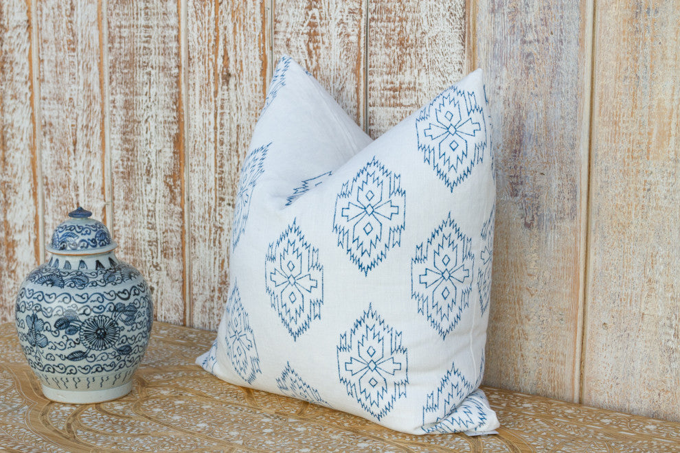 White Chimalli Aztec Block Print Pillow