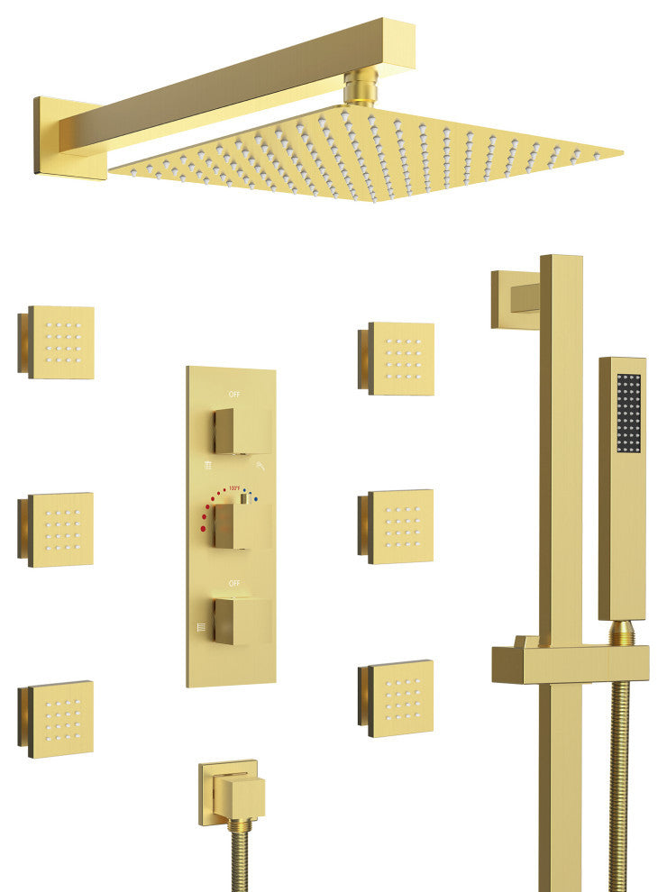 Thermostatic Shower Faucet 12" Rain Shower Head with Handheld Slide Bar System, Brushed Gold