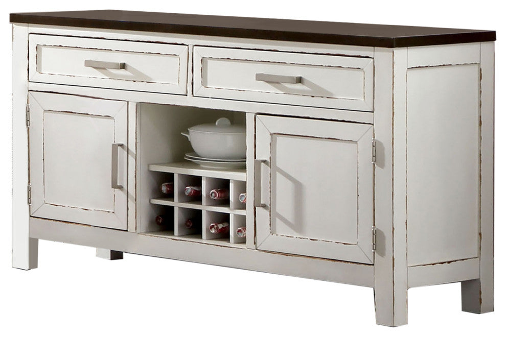 2 Drawers and 2 Doors Wood Server in Weathered White and Dark Walnut