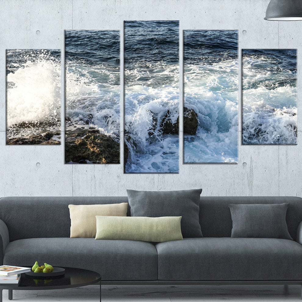 "Waves Breaking on Stony Beach" Seascape Wall Art, 5 Panels, 60"x32"