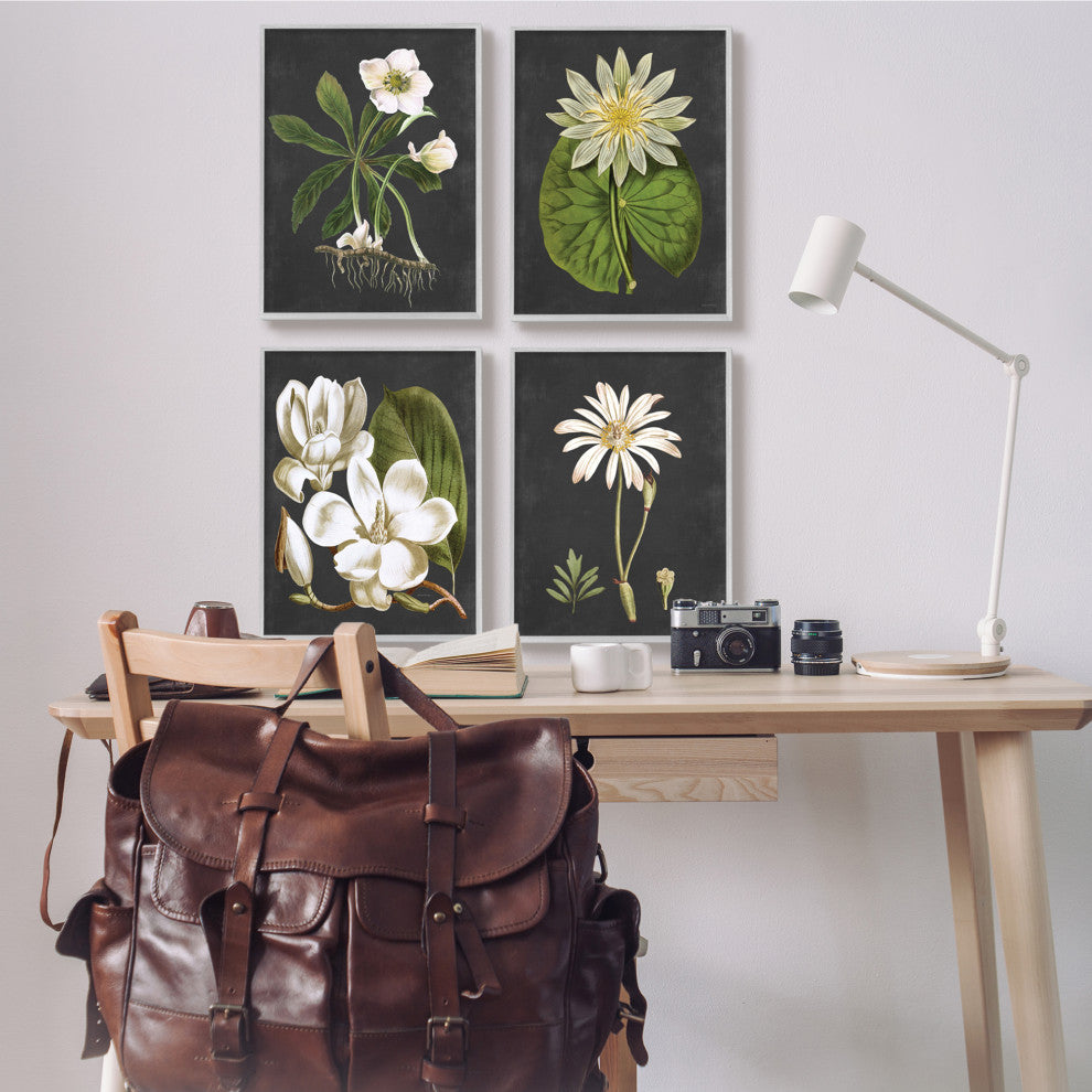 Vintage White Florals over Distressed Grey Lotus Daisies,4pc, each 16 x 20