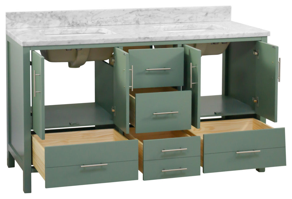 California 60" Bathroom Vanity, Sage Green, Carrara Marble, Double