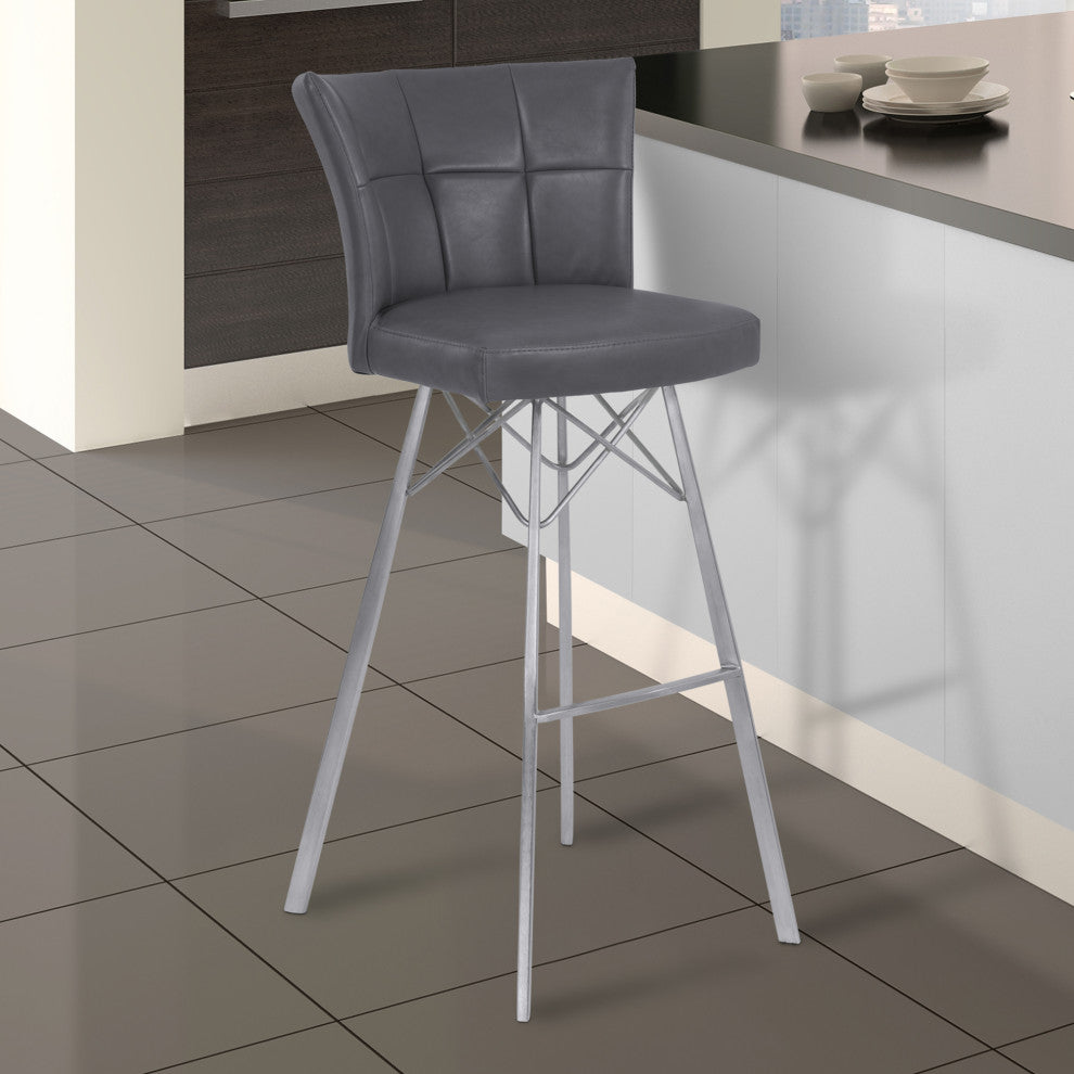 Spago 30" Bar Height Barstool In Gray Faux Leather, Brushed Stainless Steel