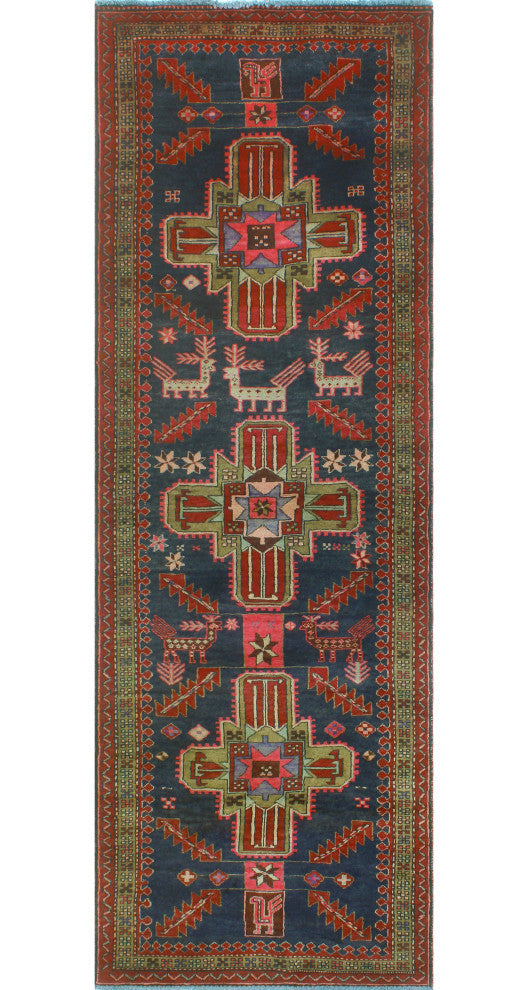 Fine Vintage Distressed Khojasst Navy/Red Runner, 3'3 x 9'7