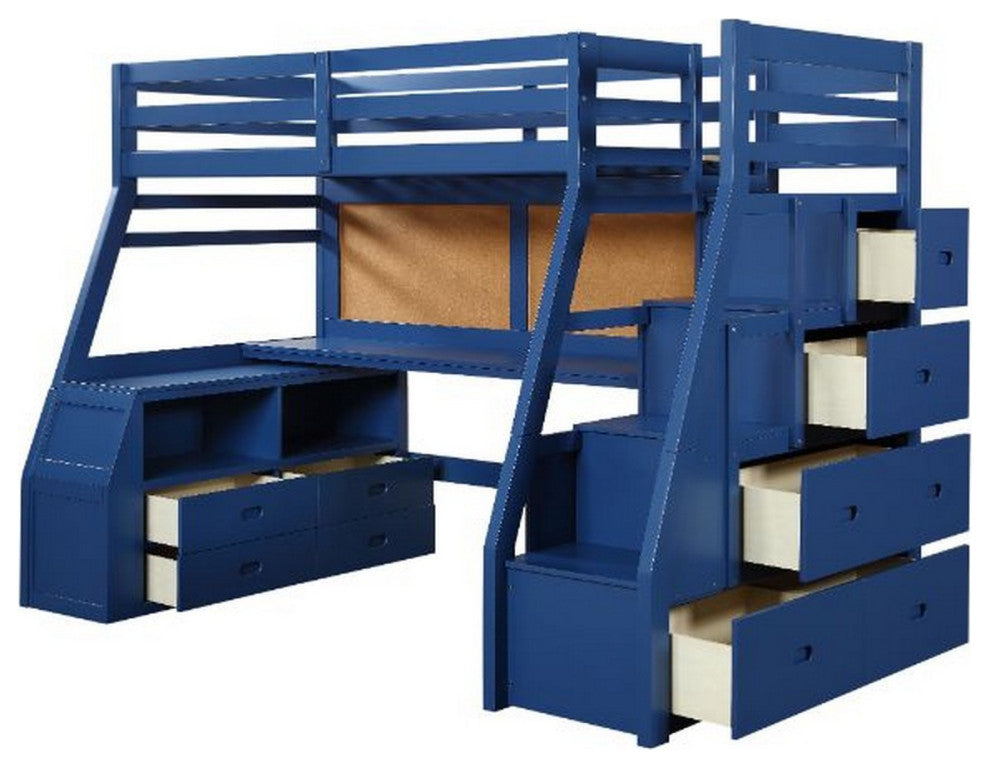 Benzara BM261743 Twin Loft Bed With 9 Drawers and Inbuilt Ladder, Blue