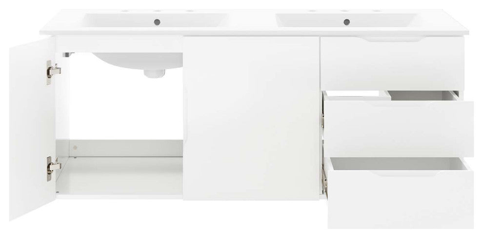 Double Sink Vanity Cabinet, White, Ceramic, Melamine, Modern, Hotel Bathroom